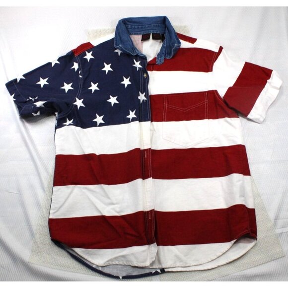 Patriotic American Flag Mens Short Sleeve Button-Up Shirt By Quizz Again & Co. S - Picture 1 of 7